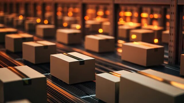 Cardboard boxes moving along warehouse conveyor belt system