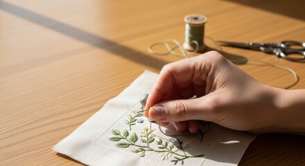 Hand stitching embroidery on fabric with thread and scissors nearby  