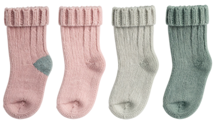 Four pastel-colored baby socks in a row, each with a rolled cuff