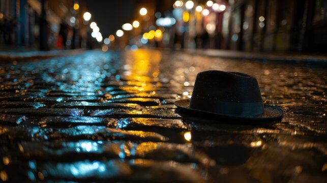 Dark Fedora Hat on Wet Cobblestone Street at Night