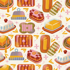 Seamless pattern with various ceramic butter dishes, butter keepers, knife, retro packaging. Cartoon kitchenware food vector illustration. Kitchen and cooking concept