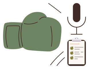 Boxing glove represents effort, microphone for communication, and checklist symbolizes planning. Ideal for sports, coaching, strategy, teamwork, training goal setting leadership. Simple flat
