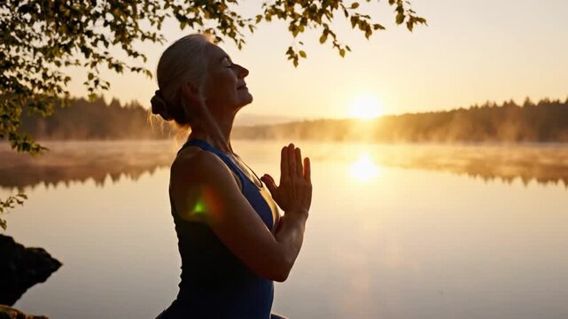 Experience serene sunrise yoga flow with a mature woman finding balance and mindfulness by the tranquil lakeside, promoting wellness and vitality in nature's embrace