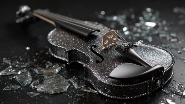 Glittering black violin amidst broken glass shards on dark surface