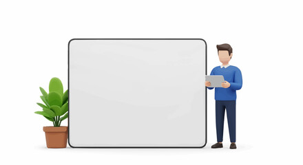 Cartoon Man with Tablet near Blank Sign and Plant