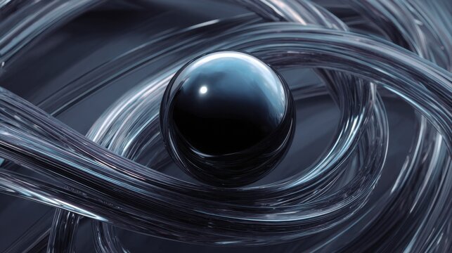 Glossy Dark Sphere Surrounded by Intertwined Metallic Tubes