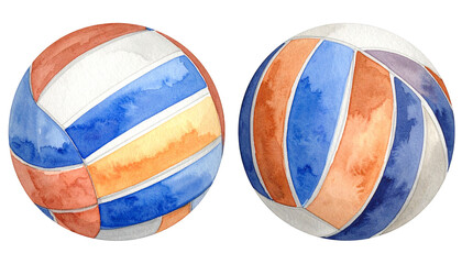 Two watercolor volleyballs, each with patterned panels in various colors, on black