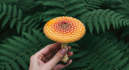 Hand Holding Orange Spotted Mushroom Against Green Fern Background