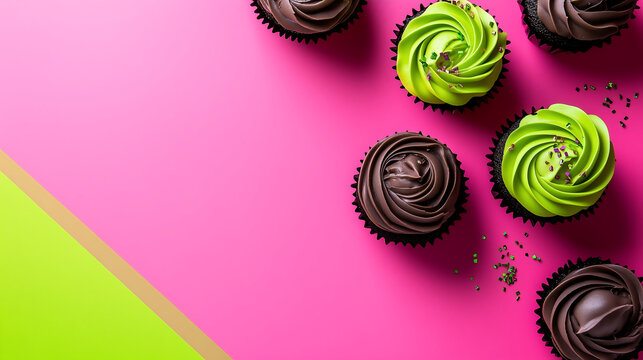 Cupcakes on pastel background with colorful icing and copy space