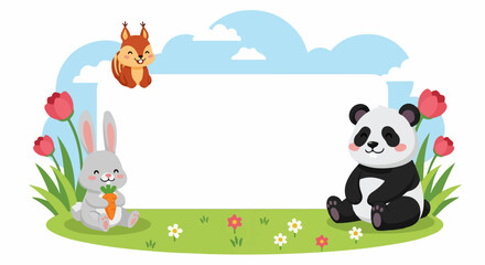 Fototapeta premium Cartoon Animal Banner with Happy Panda, Rabbit, Squirrel and Tulips