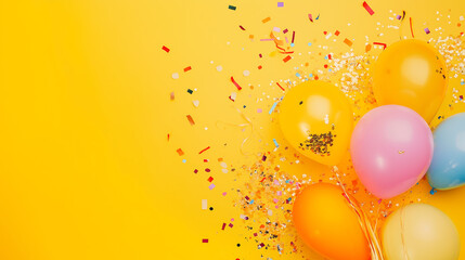 Colorful balloons and confetti on yellow background with copy space for birthday banner or party invitation
