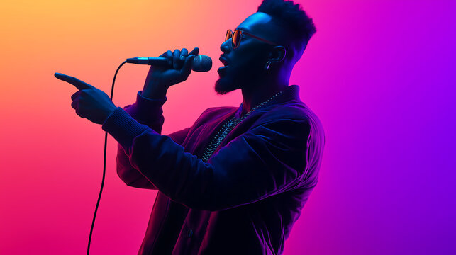 Stylish male singer performing with microphone on colorful neon background