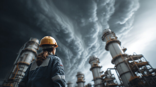A worker observes an industrial site under a dramatic sky, showcasing the power of technology in production.