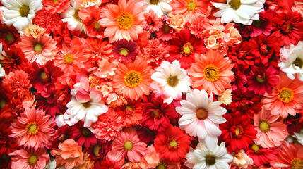 Colorful floral background with blooming flowers in red, white and orange for greeting card or banner