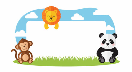 Cartoon Frame Border with Lion, Monkey, and Panda