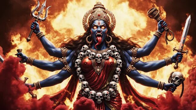 Dramatic depiction of Maa Chamunda with multiple arms, fierce skull necklace, and weapons in a dark background