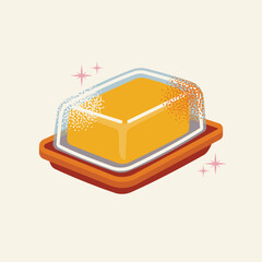 Ceramic butter dish, butter keeper, retro packaging. Cartoon kitchenware food vector illustration. Kitchen and cooking concept