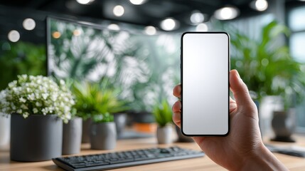 Modern lifestyle and technology concept hand holding smartphone mockup with blank screen in a green office environment