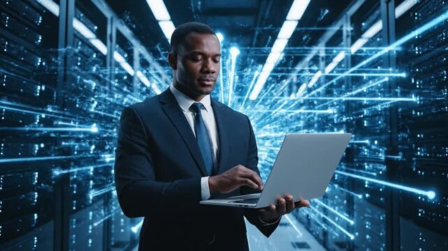 Futuristic Concept Data Center Chief Technology Officer Holding Laptop, Standing In Warehouse, Information Digitalization Lines Streaming Through Servers. SAAS, Cloud Computing, Web Service