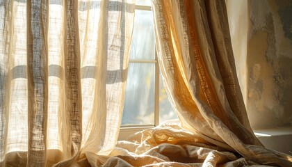 Sunlit curtains cascade down a window in a room with textured, aged walls, creating soft light and shadow