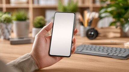 Modern lifestyle smartphone mockup with blank screen hand holding mobile phone for app presentation in technology concept