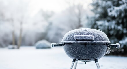 Portable grill covered in frost in snowy outdoor landscape  