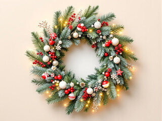 Christmas wreath made of colorful winter decorations, candy cane and lights. Natural round frame layout with paper card. Flat lay. 