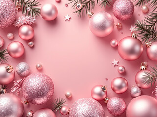 Pink Christmas baubles decoration on pink background with copy space. New Year greeting card. Minimal style. Flat lay. 