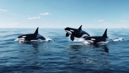 Orcas leaping in the ocean