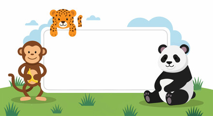 Obraz premium Cartoon Animal Sign with Monkey, Leopard, and Panda