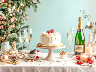 Elegant Christmas celebration table with cake, Champagne and vintage luxury decorations