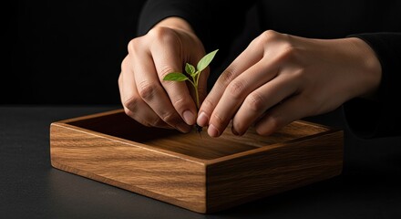 Hands Carefully Planting Green Seedling in Wooden Tray