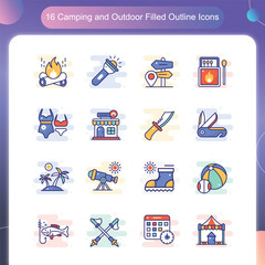 Camping Outdoor Icons – Filled Outline Style Set 3
