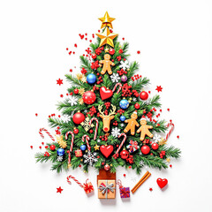 A Christmas tree made from various festive items, white background, christmas ornaments, gingerbread man, reindeer, star, red and blue ornaments