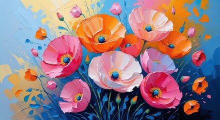 Colorful poppy-like flowers in oil paint. Pink, orange, white, and blue hues with thick, loose brushstrokes. Impressionistic floral art on a soft, painterly background. Wallart