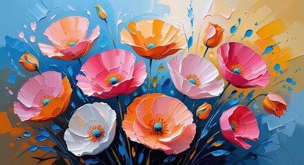 Colorful poppy-like flowers in oil paint. Pink, orange, white, and blue hues with thick, loose brushstrokes. Impressionistic floral art on a soft, painterly background. Wallart