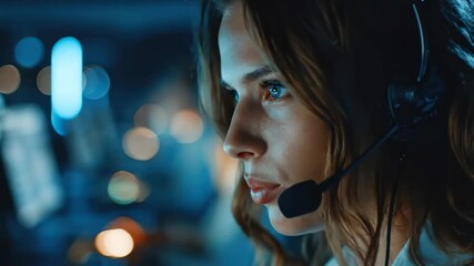 Focused young woman in a headset working at night, providing customer service or tech support in a modern office environment. - Powered by Adobe