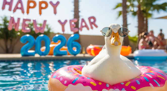 Summer Photo Funny duck wearing sunglasses and donut float in pool celebrates the new year 2026