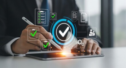 Businessman reviewing digital checklist with glowing checkmarks and progress bars symbolizing success and completion of tasks on a tablet