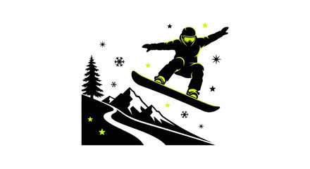 Fototapeta premium Dynamic snowboarder soaring through snowy mountain landscape, perfect for winter sports promotions and outdoor adventure marketing campaigns, fresh powder days