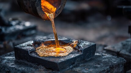 Molten gold dramatically pours into mold creating shimmering ripples in a dark industrial setting