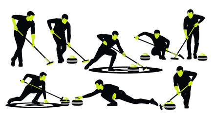 Dynamic curling team silhouettes in action on the ice rink, showcasing skill and precision for winter sports marketing and promotional campaigns