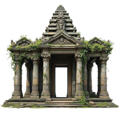 Ancient temple with stone columns and intricate carvings, overgrown with vegetation