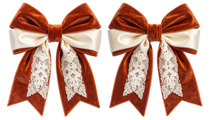 Two matching ornate velvet bows with white satin and lace accents, isolated