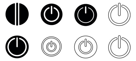 Power button icon vector set. black flat and line stroke style symbols representing device power, on/off functionality, electronics, and technology interface design in vector format.