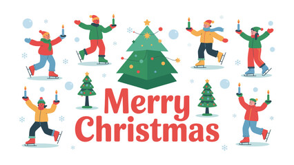 Festive Skate: A vibrant and joyous scene depicts ice skaters, accompanied by a festive Christmas tree, candles and snowfall, encapsulating the spirit of Christmas and winter joy.