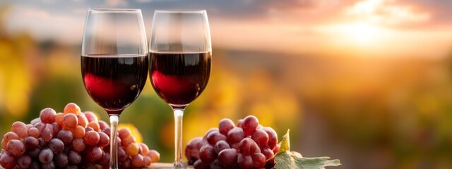 Two elegant red wine glasses sit on a wooden table surrounded by fresh grapes. The sun sets over a peaceful vineyard, creating a romantic atmosphere perfect for wine tasting