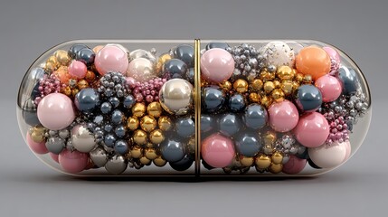 Luxurious capsule filled with vibrant metallic spheres, symbolizing innovation, health, and precious elements
