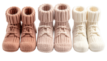 Five pairs of knit baby booties in shades of pink, tan, and white