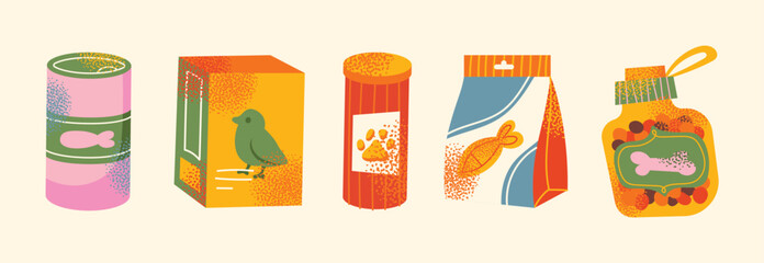 Set of various pet food packages, cans, treats, bones, kibble. Flat vector illustration cartoon pet supplement meal snack. Animal care and feeding concept
